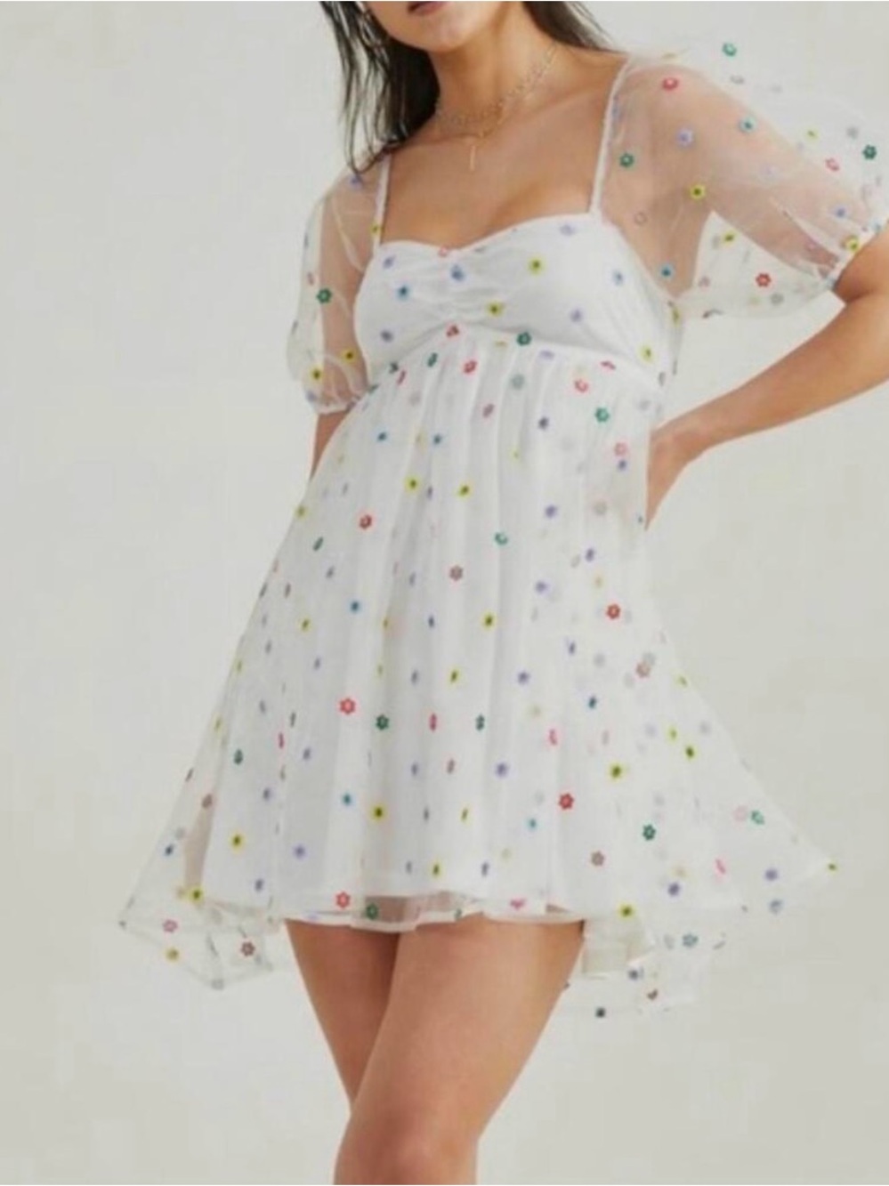 Boutique White Sheer Mini Dress with Multicolor Floral Embroidery